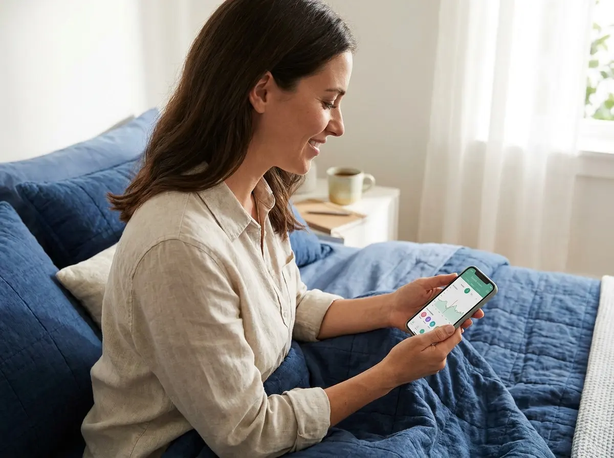 Woman checking her cycle on a fertility tracking app at home